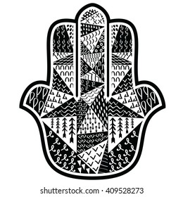 Hamsa Hand with floral aztec ethnic zentangle elements  in black  and white, Middle Eastern amulet symbolizing the Hand of God, protective sign bringing happiness, luck, health, and good fortune.
