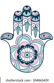 Hamsa Hand with floral aztec ethnic elements, Middle Eastern amulet symbolizing the Hand of God, protective sign bringing happiness, luck, health, and good fortune.