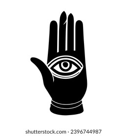 	
Hamsa hand of God. Hand with eye on palm. Black graphic illustration