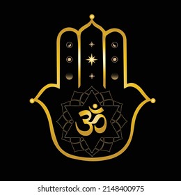 Hamsa Hand, Hand of God, Hand Of Fatima , Om symbol, spiritual sign. It brings it`s owner happiness, luck, health, and good fortune. 
The Om symbol represents unification within Hinduism.