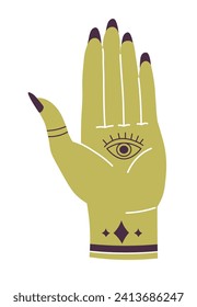 Hamsa hand for good fortune with mystical aura. Symbol of protection watchfulness or warding off negative energies and evil eye. Isolated open woman palm with manicure and tatoo. Vector in flat style