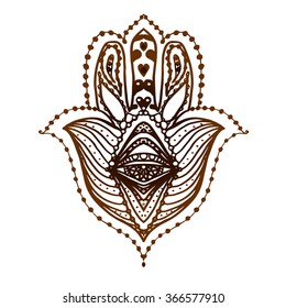 Hamsa hand henna tattoo, Fatima hand of Miriam, sanscrit Jewish symbol of protection, hand-shaped pagan amulet for fertility and luck