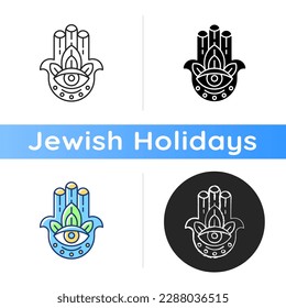 Hamsa Hand icon. God hand. Eye in middle. Five senses to praise God. Protection against evil eye. Luck, good fortune. Linear black and RGB color styles. Isolated vector illustrations