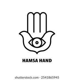 Hamsa-Handsymbol aus der Religionssammlung. Dünne lineare Hamsa-Hand, Hamsa, jüdisches Umrisssymbol einzeln auf weißem Hintergrund. Linie Vektor Hamsa Handzeichen, Symbol für Web und mobile