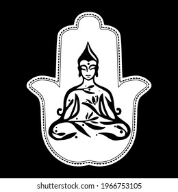 Hamsa hand Illustration with a buddha. Decorative design pattern. Sitting or meditating buddha statue. Vector.