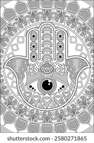 Hamsa hand line art adult coloring page vector