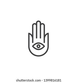 Hamsa hand line icon. Hand of Fatima linear style sign for mobile concept and web design. Eye in hand outline vector icon. Symbol, logo illustration. Vector graphics