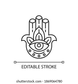 Hamsa Hand linear icon. God hand. Eye in middle. Protection against evil eye. Luck, good fortune. Thin line customizable illustration. Contour symbol. Vector isolated outline drawing. Editable stroke