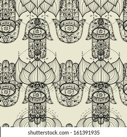 Hamsa hand and lotus flowers seamless pattern. Vector texture.