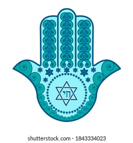 Hamsa, hand of Miriam, hand of David - a traditional Jewish amulet with a six- pointed star, ornament and the Hebrew inscription of the word Life. Vector illustration isolated on white background