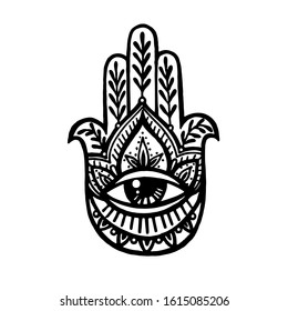 Hamsa hand with ornament boho. Buddha's hand, hand of Fatima, vector illustration in doodle zentangle style. Amulet, symbol of protection from devil eye.