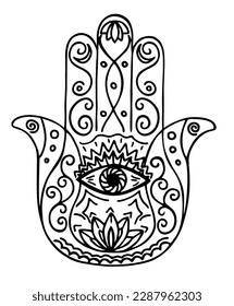 Hamsa hand with ornament in Boho style. Miriam's hand, Fatima's hand, God's hand. Vector illustration in doodle zentangle style. Amulet, symbol of protection from devil eye.