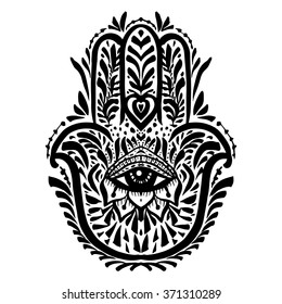 Hamsa hand palm, hand drawn divine symbol of protection amulet from evil eye for good luck and prosperity spiritual Buddhist yoga meditation sign  illustration of hand of Fatima palm