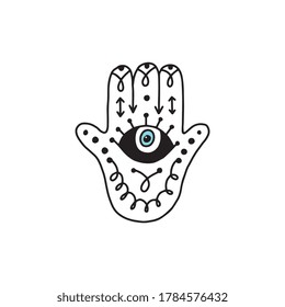 Hamsa hand palm with mystic eye and runes - doodle drawing isolated on white background. Evil all seeing eye or esoteric religious symbol, hand drawn vector illustration.