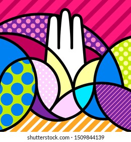 HAMSA HAND Pop Art pop-art modern illustration for your design. Conceptual idea, geometrical background. Colourful trendy icon. Hand of Fatima religious sign.