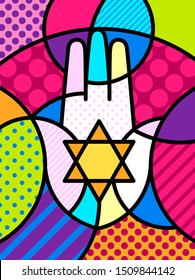 HAMSA HAND Pop Art pop-art modern illustration for your design. Conceptual idea, geometrical background. Colourful trendy icon. Hand of Fatima religious sign.