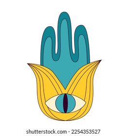 Icono retro mano de Hamsa. Fatima eye 1970 fantasía estilo abstracto. Amuleto esotérico étnico que protege del mal de los ojos. Símbolo indio árabe o judío tradicional. Para la impresión de pegatinas de tarjetas. Ilustración vectorial.