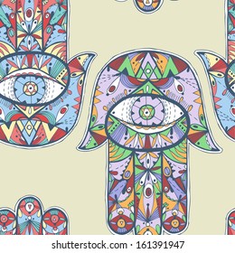 Hamsa hand seamless pattern. Colorful vector texture.