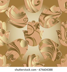 Hamsa Hand seamless pattern. Floral beige background wallpaper illustration with floral gold ornaments in Baroque style. Vector floral texture for wallpapers, textile, fabrics.  Hamsa hand of Fatima