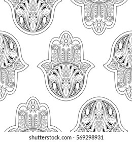 Hamsa hand seamless pattern, vector illustration. Hand drawn symbol of prayer for adult anti stress coloring book, page in zentangle style. Blackwork yoga tattoo design