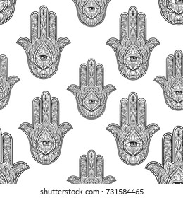 Hamsa hand seamless pattern, vector illustration. 