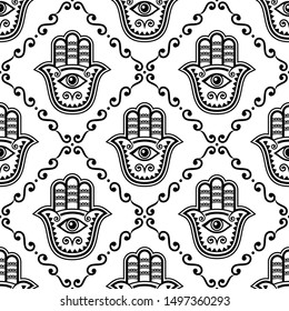 Patrón vectorial sin fisuras de la mano Hamsa, Khamsa o Mano de diseño repetitivo Fátima, símbolo de protección contra el fondo de los ojos del diablo en blanco y negro. Decoración monocromática bohemia, decoración gitana con Hamsa 