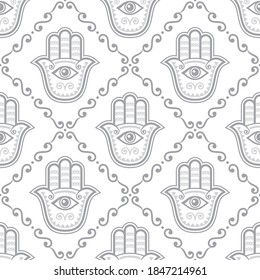 Patrón vectorial sin costura de mano Hamsa, Khamsa o Mano de diseño repetitivo gris de Fátima, símbolo de protección del fondo del ojo del diablo. Ornamento bohemio monocromo, decoración gitana con manos de Hamsa