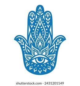 Silueta de mano Hamsa. Amuleto protector oriental contra el mal de ojo. Un antiguo símbolo de Oriente Medio, la mano de Dios. Palma árabe con ojo, ilustración vectorial de fatima.