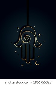 Hamsa hand Spiral icon. Gold pendant Line Art vector Jewish religious sign. Luxury amulet Hand of Fatima minimalist logo design golden stars and crescent moon isolated on black background 