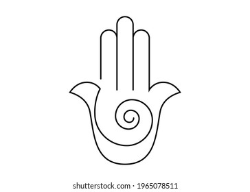 Hamsa hand Spiral icon. Line Art vector Jewish religious sign. Hand of Fatima minimalist logo design isolated on white background 