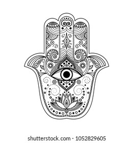 Hamsa hand symbol. Black and white illustration. Symbol of strength and happiness. Ornamental hand