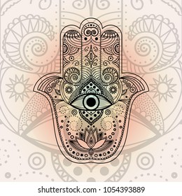 Hamsa hand symbol. Symbol of strength and happiness. Ornamental hand