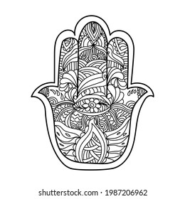hamsa hand, symbolic amulet, outline vector illustration with ornate patterns for design