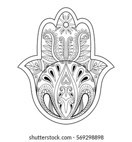 Hamsa hand vector illustration. Hand drawn symbol of prayer for adult anti stress coloring book, page in zentangle style. Blackwork yoga tattoo design