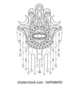 Hamsa hand vector illustration. Hand drawn symbol of protection for adult anti stress coloring book, page in zentangle style. Blackwork yoga tattoo design