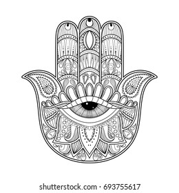 Hamsa hand vector illustration. Protection handdrawn symbol. Adult coloring page.