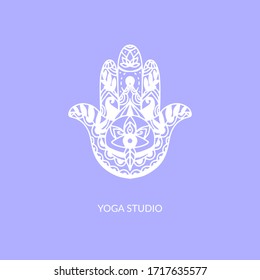 Hamsa hand, vector illustration of religious sign with all seeing eye. Yoga studio symbol. White illustration on purple background.
