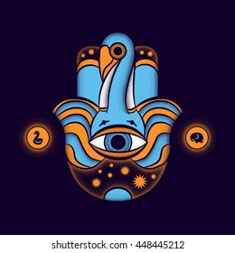 Hamsa hand. Vector image of elephant and swan. 