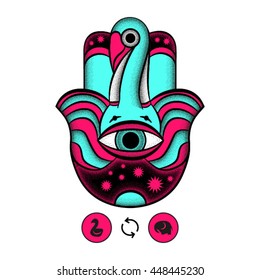 Hamsa hand. Vector image of elephant and swan. 