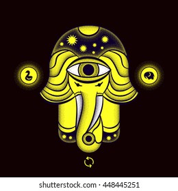 Hamsa hand. Vector image of elephant and swan. 