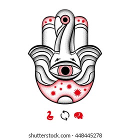 Hamsa hand. Vector image of elephant and swan. 