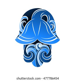Hamsa hand. Vector image of a whale's tail above the waves of the sea at night