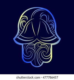 Hamsa hand. Vector image of a whale's tail above the waves of the sea at night in the moonlight.