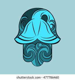 Hamsa hand. Vector image of a whale's tail above the waves of the sea at night