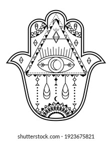Hamsa hand vector with mystical, esoteric symbols like pyramid,  evil eye. Indian color page, tattoo, henna illustration. Wicca, astrological, occult art. Geometric, Turkish, Greece ornament.