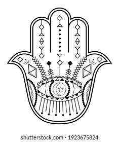 Hamsa hand vector with mystical, esoteric symbols like pyramid,  evil eye. Indian color page, tattoo, henna illustration. Wicca, astrological, occult art. Geometric, Turkish, Greece ornament.