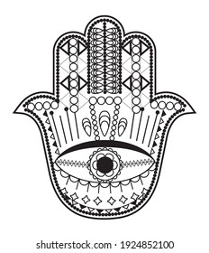 Vector de mano de Hamsa con símbolos místicos, esotéricos como la pirámide, ojo malvado. página de color india, tatuaje, ilustración henna. Arte Wicca, astrológico, oculto. Ornamento geométrico, turco, griego.