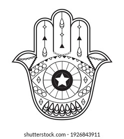 Hamsa hand vector with mystical, esoteric symbols like pyramid,  evil eye. Indian color page, tattoo, henna illustration. Wicca, astrological, occult art. Geometric, Turkish, Greece ornament.