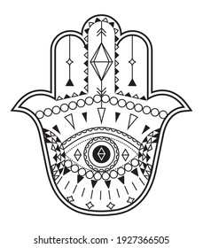 Hamsa hand vector with mystical, esoteric symbols like pyramid,  evil eye. Indian color page, tattoo, henna illustration. Wicca, astrological, occult art. Geometric, Turkish, Greece ornament.