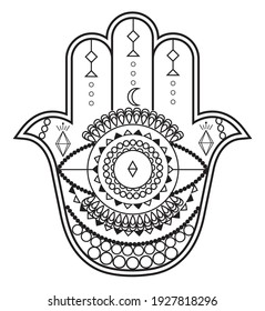 Hamsa hand vector with mystical, esoteric symbols like pyramid,  evil eye. Indian color page, tattoo, henna illustration. Wicca, astrological, occult art. Geometric, Turkish, Greece ornament.